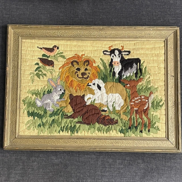 De Colección Hecho a Mano Crewel Bordado Animales León Oveja Ciervo Conejo Vaca 14x19 Enmarcado