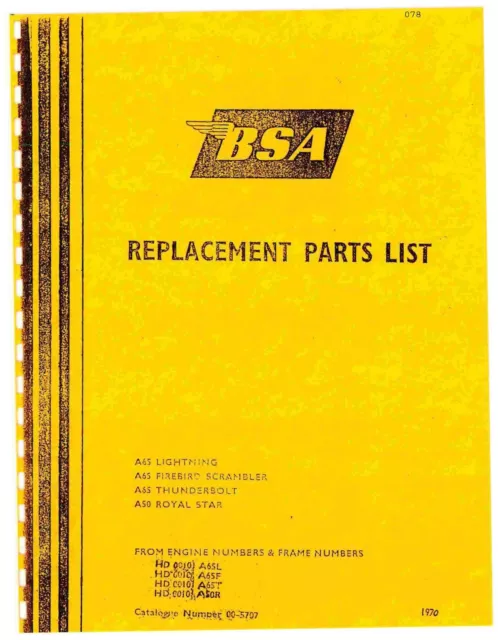 BSA Parts Manual Book 1970 A65 Lightning & 1970 A65 Thunderbolt