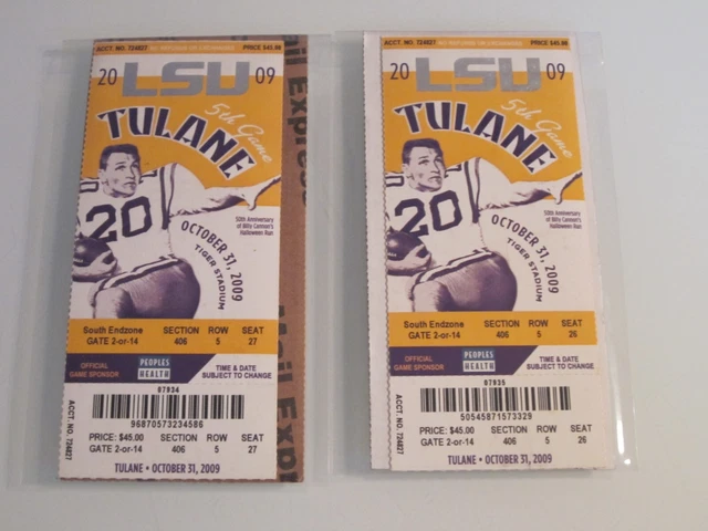 2 2009 LSU TULANE UNUSED TICKETS COMM 50th ANNIV BILLY CANNONs HALLOWEEN RUN