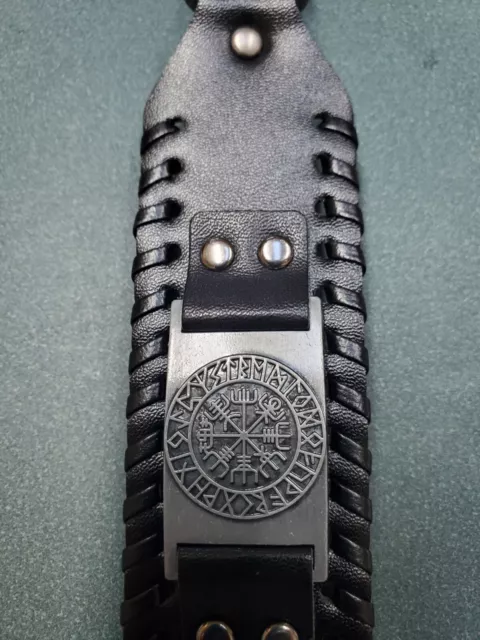 Viking~ VEGVISIR ~Nordic Runes Leather Bracelet  ~SILVER tone~ Adjustable