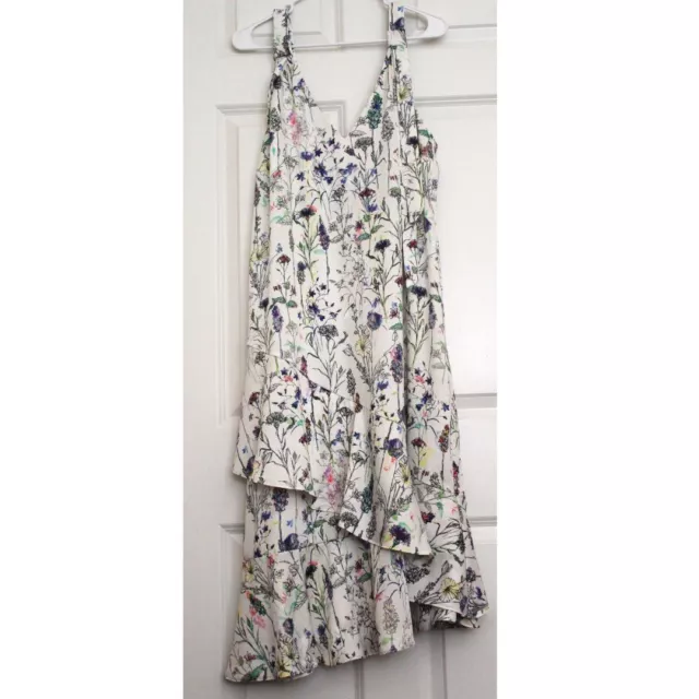 H&M Asymmetrical Ruffle Tiered Midi Dress White Floral Tie Shoulder Sz 12 New