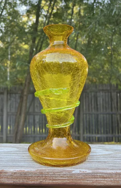 Rare Czech Kralik Crackle Glass Golden Yellow Vase with Applied Vaseline Snake 2