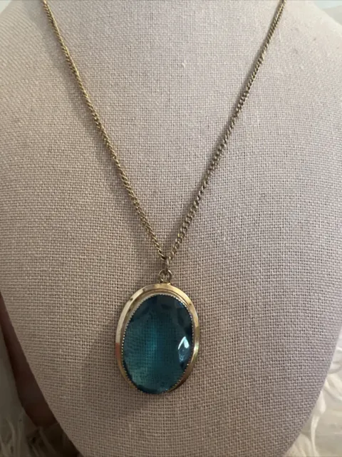 Vintage Sarah Coventry Necklace Large Oval Blue Topaz Pendant Gold Tone Signed