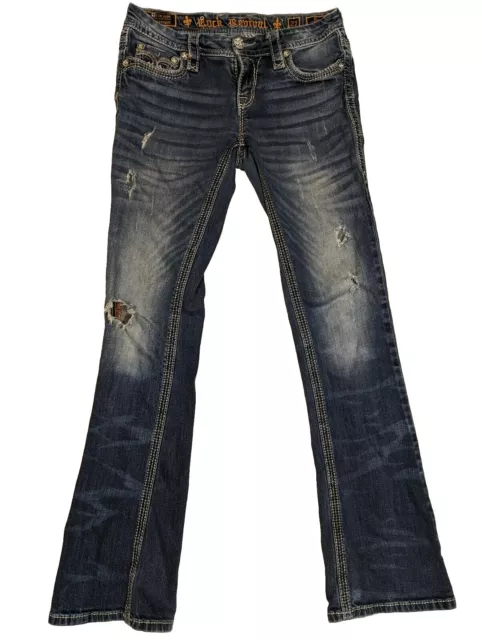 Rock Revival DREW Boot Denim Distressed Jeans Rhinestone Womens Size 27