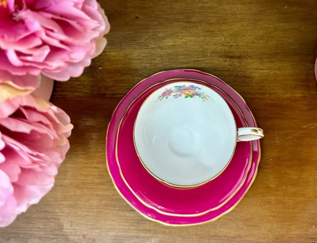 Stunning Rare c1950s Vintage Paragon Double Warrant Deep Pink Floral Teacup Trio 3