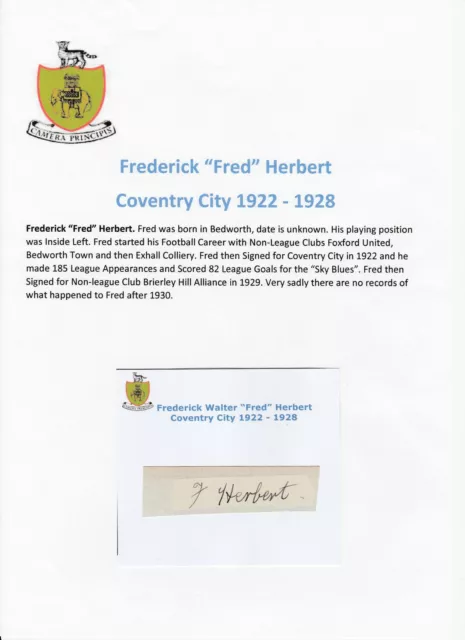 Fred Herbert Coventry City 1922-1928 Extremely Rare Original Signed Cutting/Card