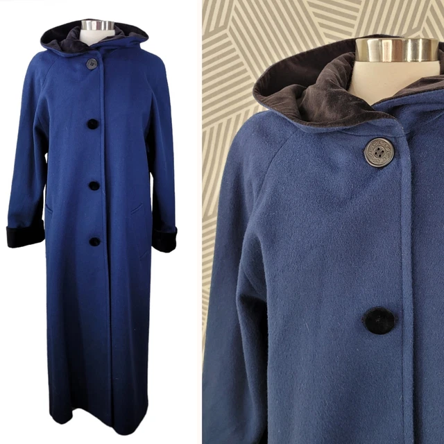 Vintage 90s Trench Coat size Large XL Wool Winter Blue Velvet Lined hood duster