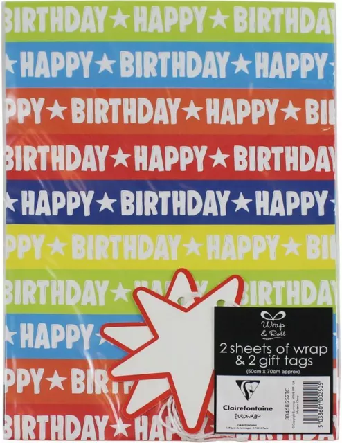 HAPPY BIRTHDAY - GIFT WRAPPING PAPER 2 SHEETS & 2 STAR TAGS  party toys