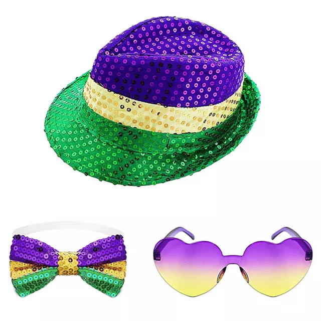 3Pcs Sequins Hat Cosplay Bow Tie Festival Mardi Gras Accessories Set Shiny 2