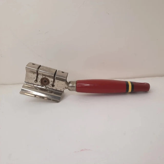 Vintage Ekco Knife Sharpener Red Wood Handle w/ White/Black Stripes Pull-through