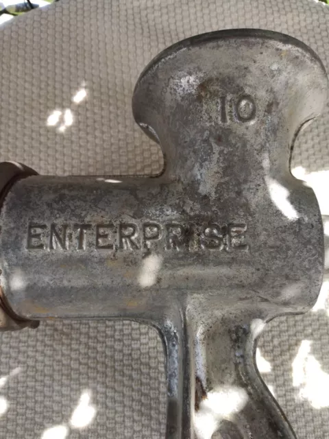 Antique Enterprise 10 Large Cast Iron Meat Grinder Tinned Wood Handle Primitive 2