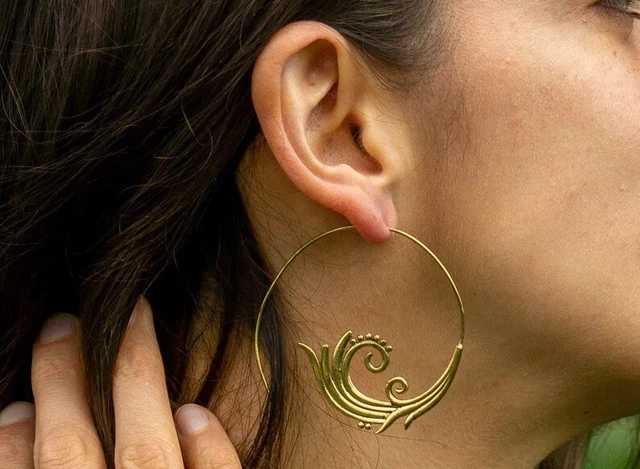Large Tribal Celine Designer Gold Plated Brass Mandala Gypsy Spiral Earrings