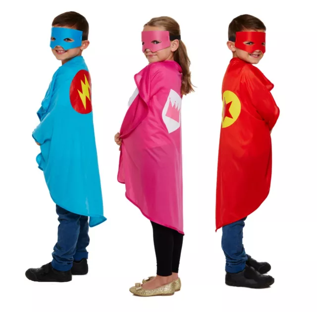 KIDS SUPERHERO CAPE & MASK Costume Plain Dressing Up Party Book Day Fancy Dress