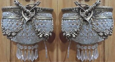 Pair Antique Replica Half Round Crystal Bronze French Empire Small Wall Sconces