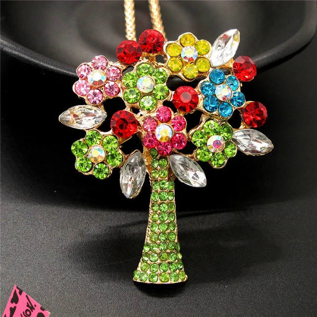 Fashion Women Green Crystal Bling Hope Tree Flower Rhinestone Chain Necklace