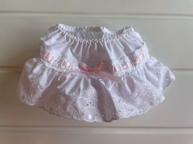 Pantaloni frilly in cotone bianco bambina età 0-3 mesi finitura a nastro rosa