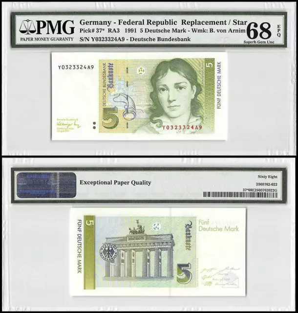 Germany Federal Republic 5 Deutsche Mark, 1991, P-37z, Replacement, PMG 68