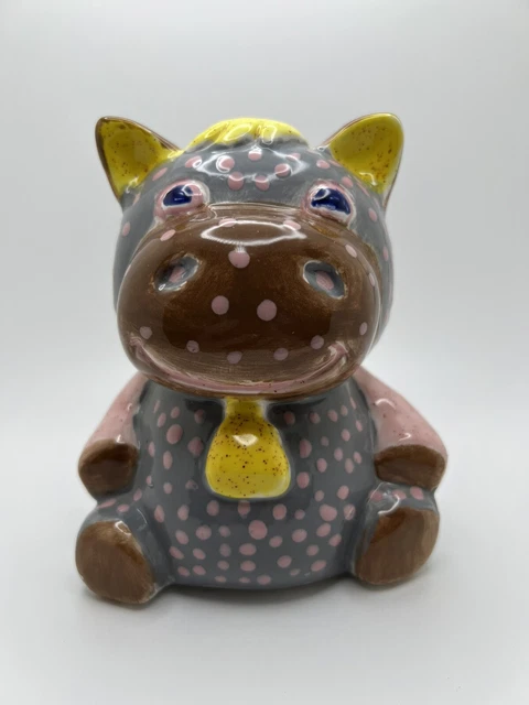 Vintage Gray & Pink Polka Dot Blonde Pig Coin Bank, 5.5” Tall & 3.5” Width