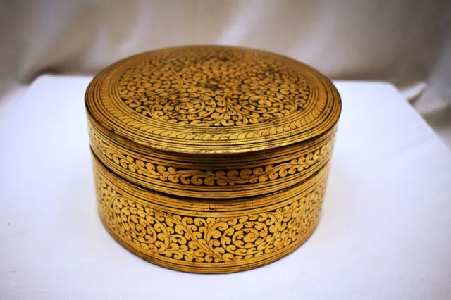 Antique Burmese Betel Nut Box Gilt Lacquerware Myanmar Floral Gold Painted Old"5