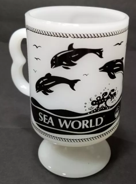 Sea World Mug B Handle Pedestal Milk Glass Dolphins Orca Shamu U.S.A. EUC