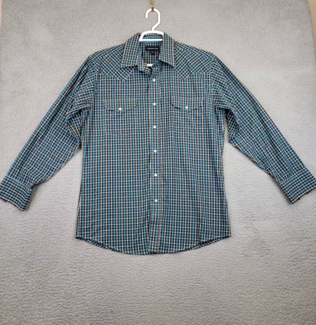 Panhandle Slim Mens Pearl Snap Shirt Size 16 35 Blue Checkered Plaid Long Sleeve