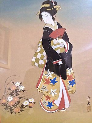 Antique 19C Japanese Watercolor Painting On Silk"Woman In Kimono"Framed W. Glass
