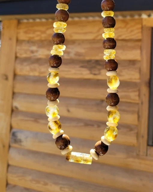 Men's 24in African Beaded Tribal Necklace,  Light  Golden Glass Krobo Beads....