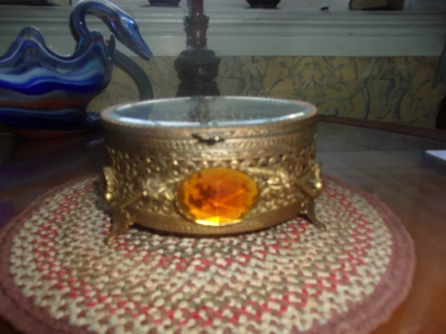 Antique Brass Round Trinket Box with Beveled Glass Top and Amber Stone