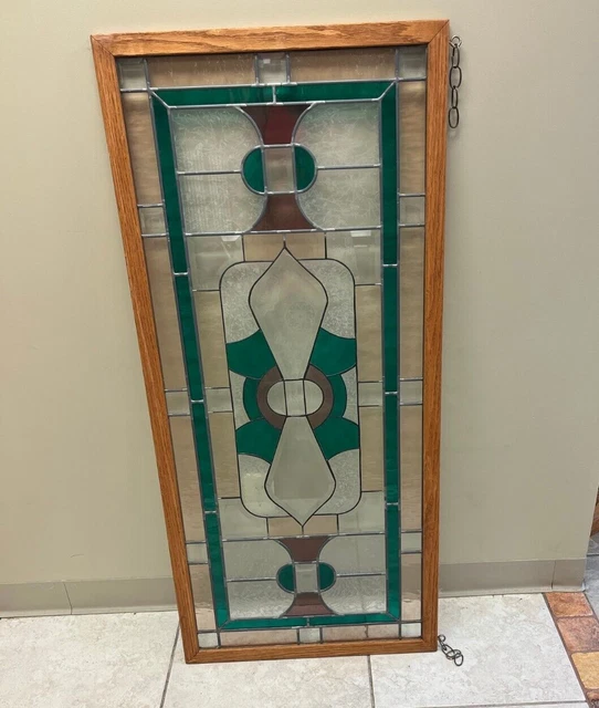 Wood Framed Transom/Sidelight Stained Glass Window 51"x23" w/Etching/Bevel -Used