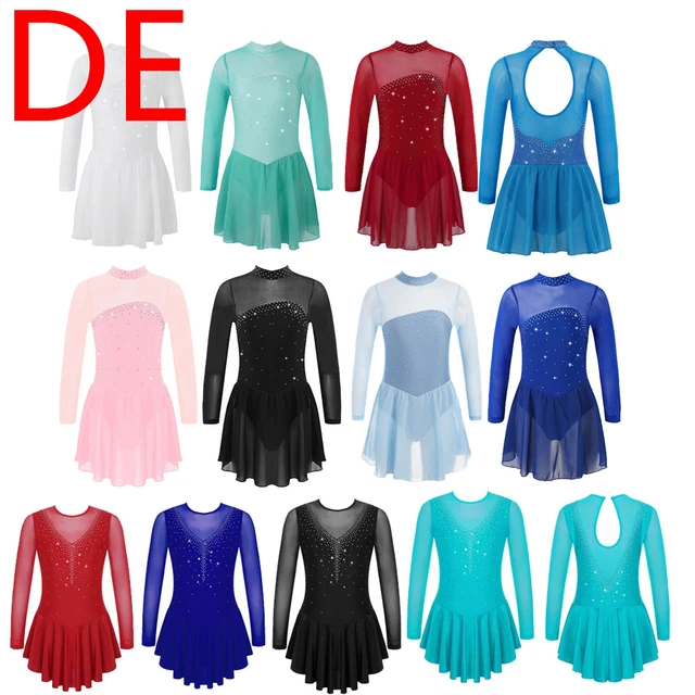 DPois Mädchen Eiskunstlauf Kleid – Langarm Trikot Mit Strass Für Auftritt & Wettbewerb | Ballettkleid Für Kinder