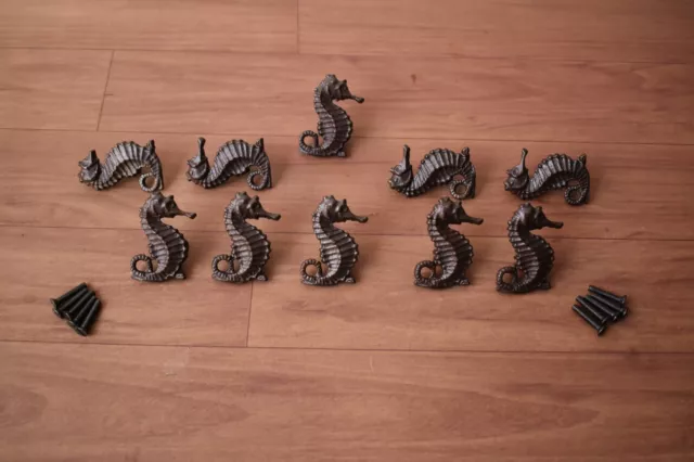 Vintage Old cast iron cabinet drawer sea horse knobs handle pull rustic 10 pcs