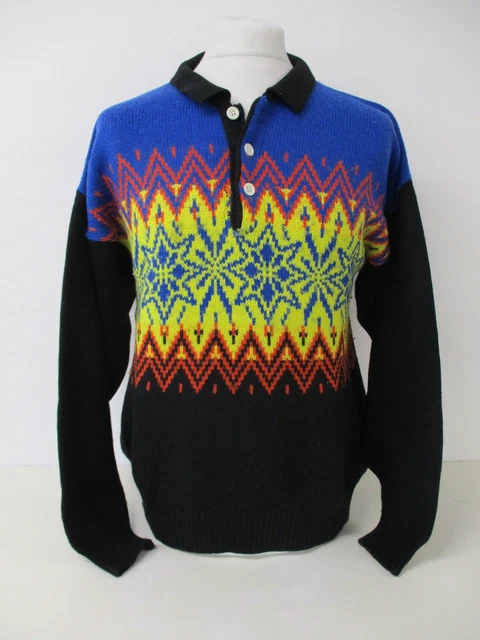 Fairisle Icelandic Sweater, Button Neck Jumper, Large, To Fit 40" Chest