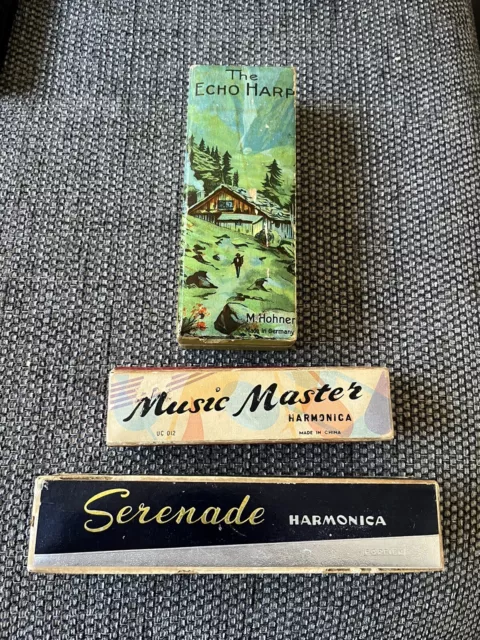 3x Boxed Vintage Harmonica Mouth Organ Echo Harp Serenade Music Masters
