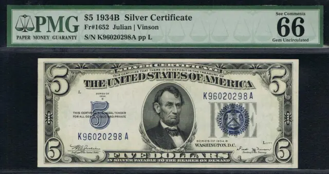 RARE KA BLOCK.  $5 1934B Silver Certificate.  PMG 66 EPQ.