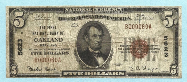 $5 National Currency 1929 - Type 1 - Ch#5623 - 1st NB, Oakland, MD - VF