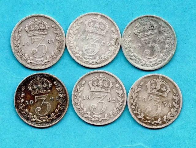 6 Queen Victoria, Silver Threepence Coins 1887 - 1893. All Jubilee Head. Job Lot