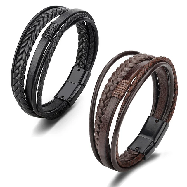 Trendy Leather Bracelets Men Stainless Steel Multilayer Braided Rope Bracel~m' 2