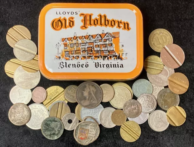 JOB LOT COLLECTION of ANTIQUE COINS TOKENS BUTTONS in OLD HOLBORN TOBACCO TIN