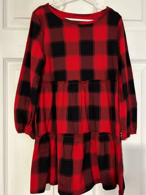 Girl's Old Navy Red & Black Buffalo Plaid Long Sleeve Tiered Dress Sz S, L
