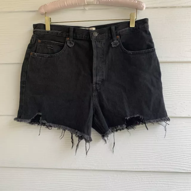 Free People Black Wash High Rise Frayed Hem Jean Shorts Size 31 Button Fly