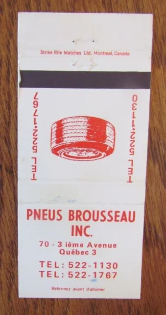Tires Matchbook Cover: Pneus Brousseau Quebec City Empty Matchcover -D2