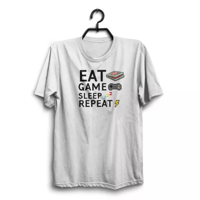 Maglietta bianca EAT GAME SLEEP REPEAT da uomo divertente compleanno novità scherzo maglietta regalo
