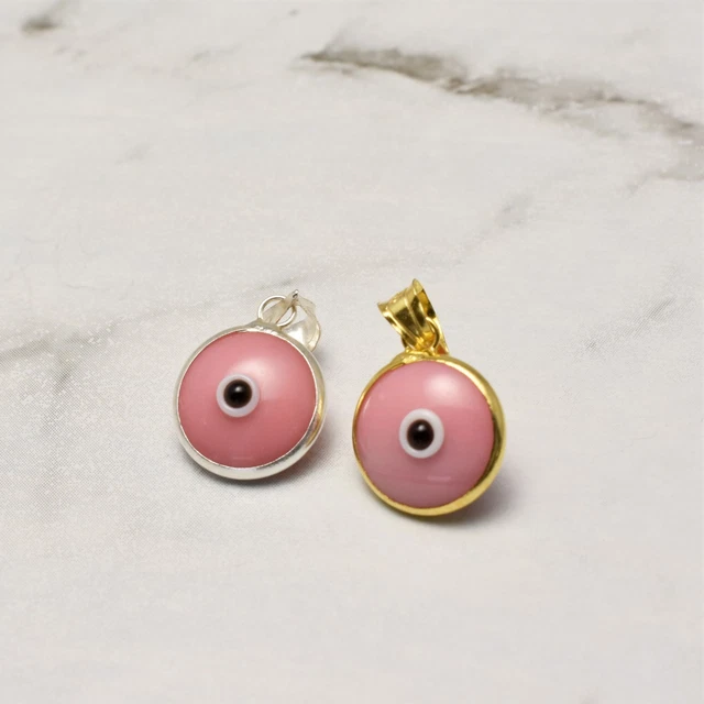 Pink Evil Eye 925 Sterling Silver Greek Mati Nazar Gold Round Pendant Charm