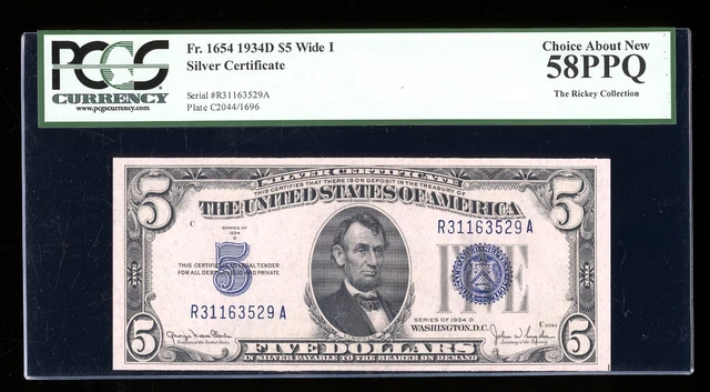 DBR 1934-D $5 Silver Fr. 1654Wi Wide I RA Block PCGS 58 PPQ Serial R31163529A