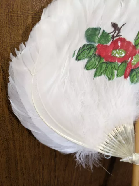 Beautiful Portable Feather Fan Hand Painted Butterfly and Floral 11” Long 3