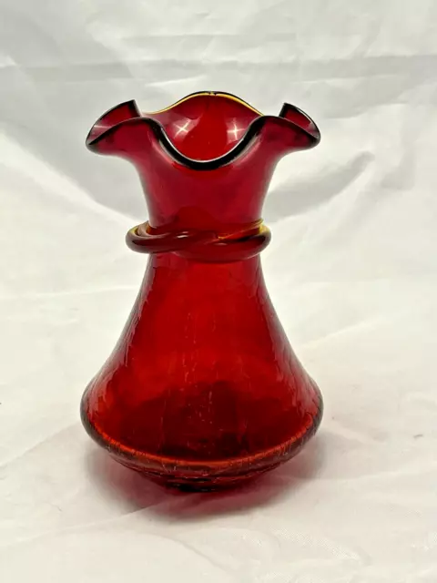 Ruby Red Amberina Crackle Glass Vase, Hand-blown Ruffle Rim, Cut Pontil, VTG EUC