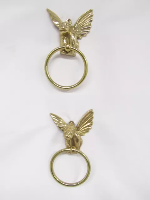 Vintage Pr  Gargoyle Brass Towel Rings Holder Curtain Tie Backs Door Knocker 8”