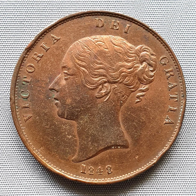 1848/7 OT Queen Victoria Copper Penny 34.2mm 18.8g P.1495 Scarce 1848 Over 7