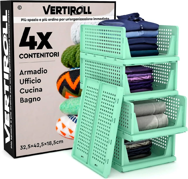 VertiRoll 4 Cassetti Impilabili E Scorrevoli In Plastica Gialla, Organizer Salvaspazio Per Armadio, Cucina, Bagno E Ufficio, Misura 32,5x42,5x18,5 Cm