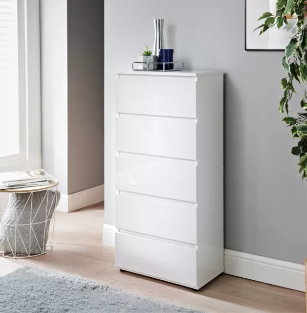 White High Gloss 5 Drawer Modern Slim Side Chest Drawers Storage Cabinet Bedroom